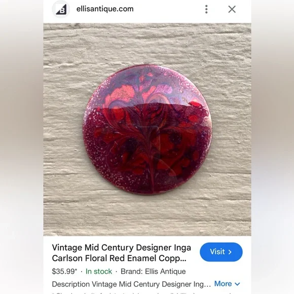 VINTAGE MCM INGA CARLSON COPPER ENAMEL ARTISAN BROOCH PIN w/SWIRL PAINT DESIGN